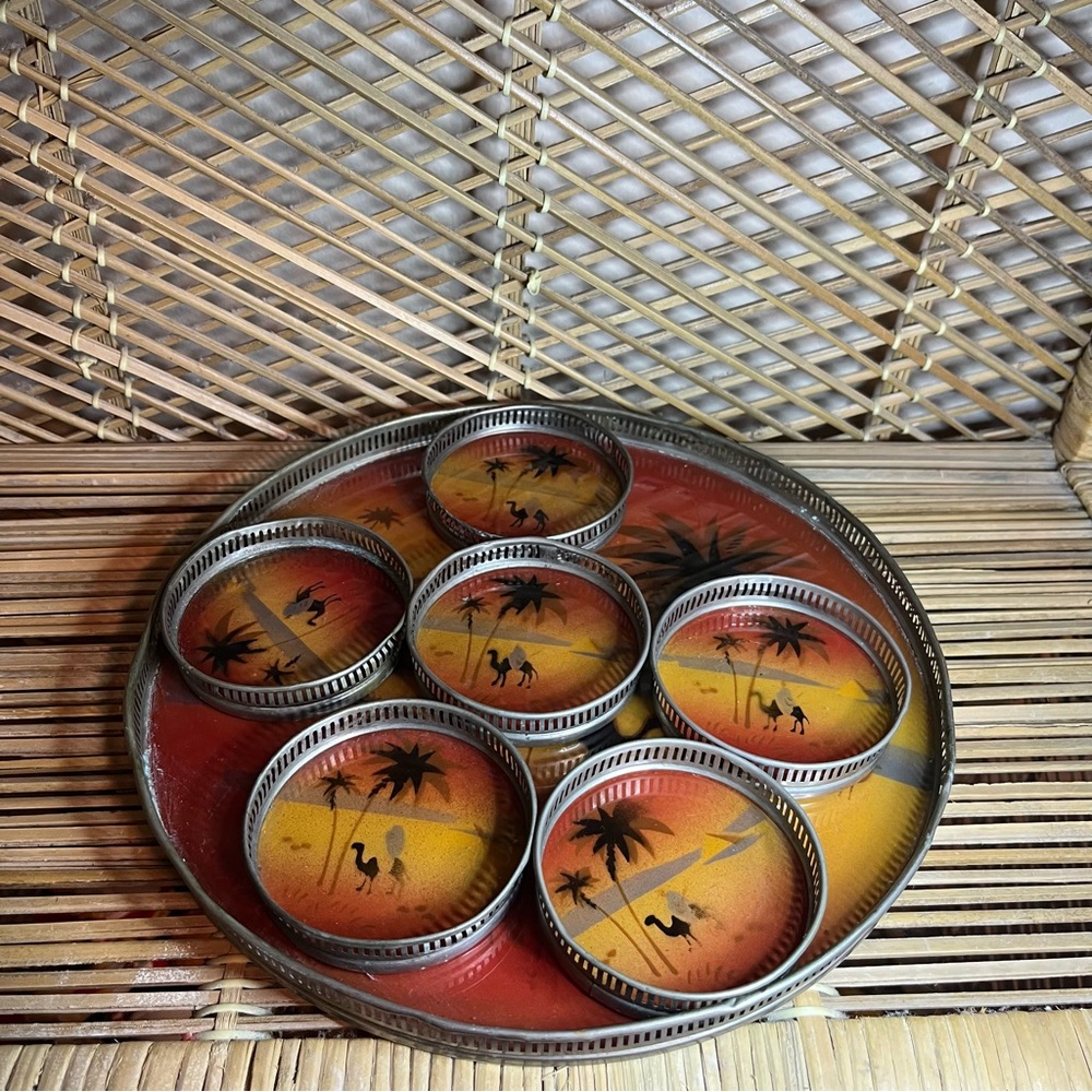 Vintage Barware Reverse Painted Glass Oasis Desert Scene Coaster Set 7 piece bar